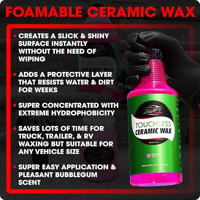 Swift Touchless Ceramic Foamable Wax (32 Oz) – Spray On/Rinse Off For High-Gloss, Hydrophobic Protective Layer | For Foam Cannon & Foam Pump Sprayer After Car Wash | Wax Cars, Trucks, RV’s & More!