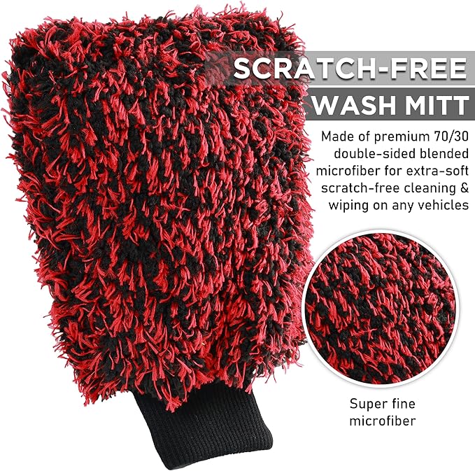 TAKAVU New Car Wash Mitt, 2 Pack Premium Cyclone Microfiber Washing Gloves, Holds Tons of Sudsy Water for Effective Washing, Machine Washable, Lint Free, Scratch Free (Red & Black)