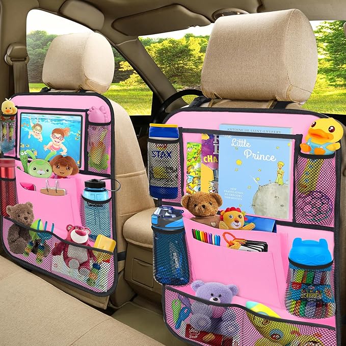Car Backseat Organizer with 11" Table Holder, 10 Storage Pockets Seat Back Protectors Kick Mats for Kids Toddlers, Travel Accessories, 2 Pack, Pink