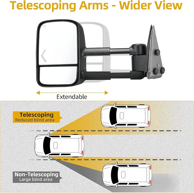 DWVO Power Heated Towing Mirrors for 2007-2013 Chevy Silverado 2500HD/3500HD, GMC Sierra, Avalanche 1500, Suburban 1500/2500, Tahoe, Telescoping with LED Turn Signal, Manual Folding, Black