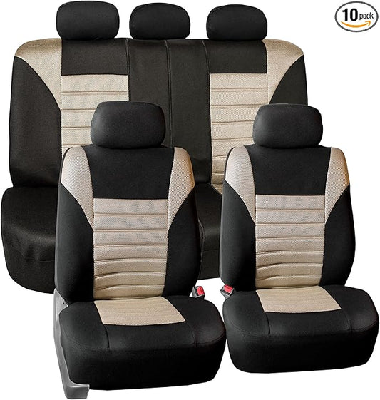 FH Group Automotive Car Seat Covers Full Set Premium 3D Air Mesh Front Seat Covers, Airbag Compatible & Split Bench Cover Universal Fit Interior Accessories for Cars Trucks and SUVs - Beige