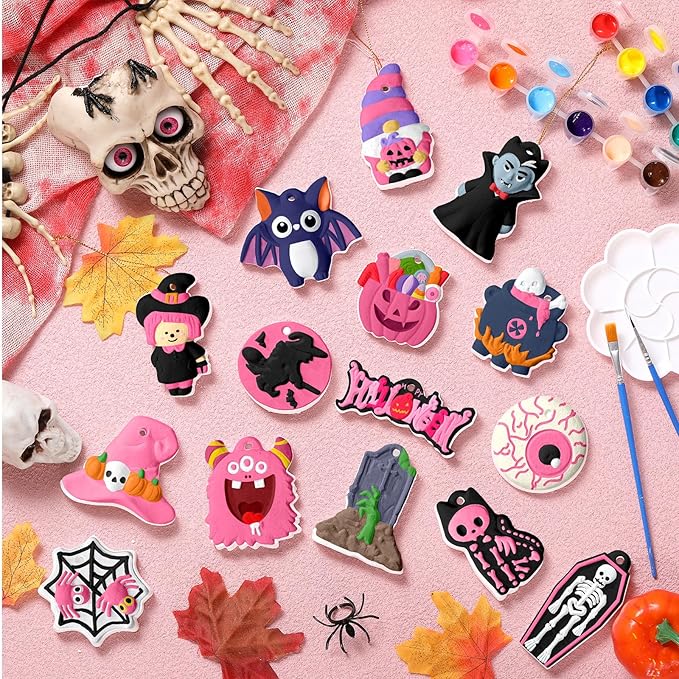 Seenelling 24 Sets Halloween DIY Painting Kits Paint Your Own Ceramics Pumpkin Ghost Unpainted Plaster Statues Arts and Crafts with Brush, Lanyard for Kids Halloween Gifts Party Decor(Kawaii)