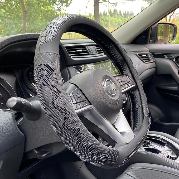 PINCTROT D Shaped 14.5-15 Inch Steering Wheel Cover Great Grip with 3D Honeycomb Anti-Slip Design, Flat Bottom 14.5-15 Inch (All Black)