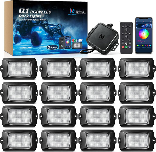 MICTUNING Q1 RGBW Rock Lights, 16 Pods Pure Color Underglow Neon Multicolor Lighting with Wiring Switch Kit, Bluetooth Controller, Remote Control, Music Mode for Trucks Car ATV UTV Golf Cart