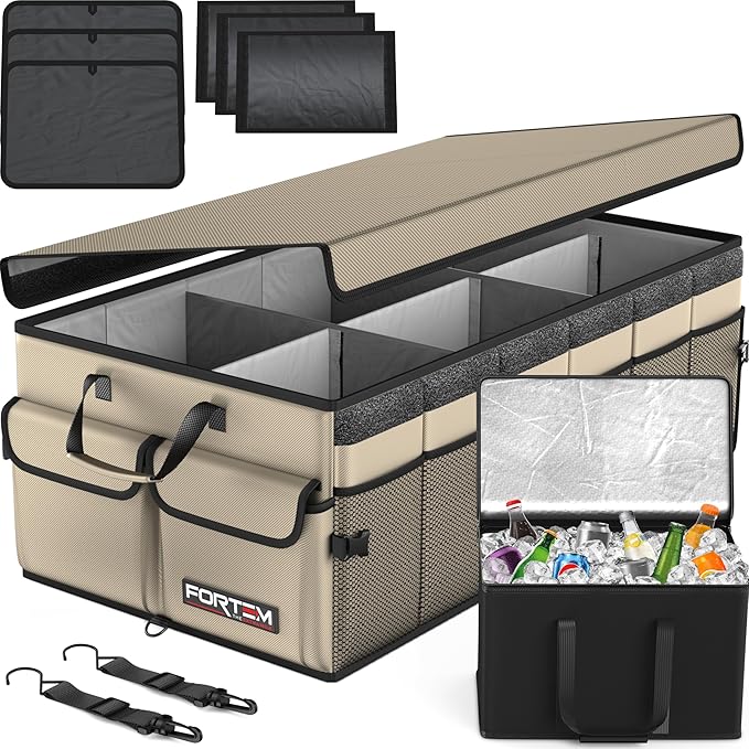 FORTEM Car Trunk Organizer with Cooler, Collapsible Multi Compartment SUV Organizer, Foldable Storage for Car Accessories for Women Men, 600D Oxford, Non Slip Bottom, Securing Straps Soft Cover (105L)