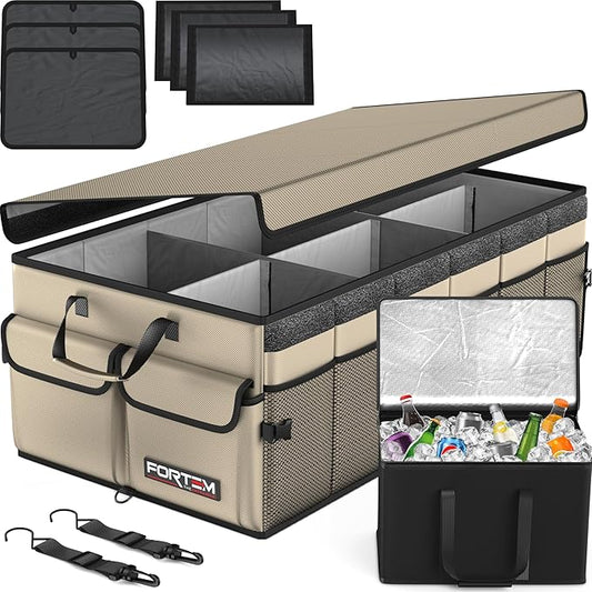 FORTEM Car Trunk Organizer with Cooler, Collapsible Multi Compartment SUV Organizer, Foldable Storage for Car Accessories for Women Men, 600D Oxford, Non Slip Bottom, Securing Straps Soft Cover (105L)