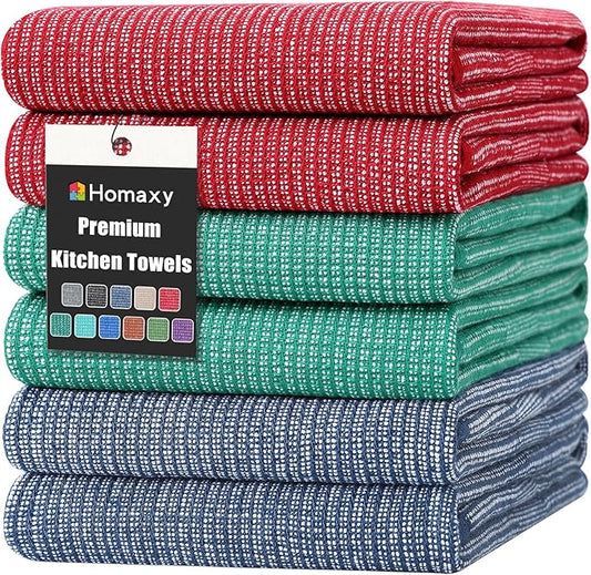 Homaxy Premium Kitchen Towels(18”x 28”, 6 Pack), Large Cotton Kitchen Hand Towels, Flat and Terry Dish Towels, 380 GSM Highly Absorbent Tea Towel Set with Hanging Loop, Navy Blue/Red/Green