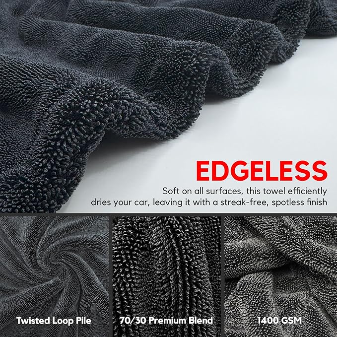 Extra Large Car Drying Towel - 1400 GSM Edgeless Twisted Loop Design - 70/30 Blend Microfiber Towels for Cars, Trucks, SUVs - Superior Absorption, Streak-Free - 24" x 36", Black