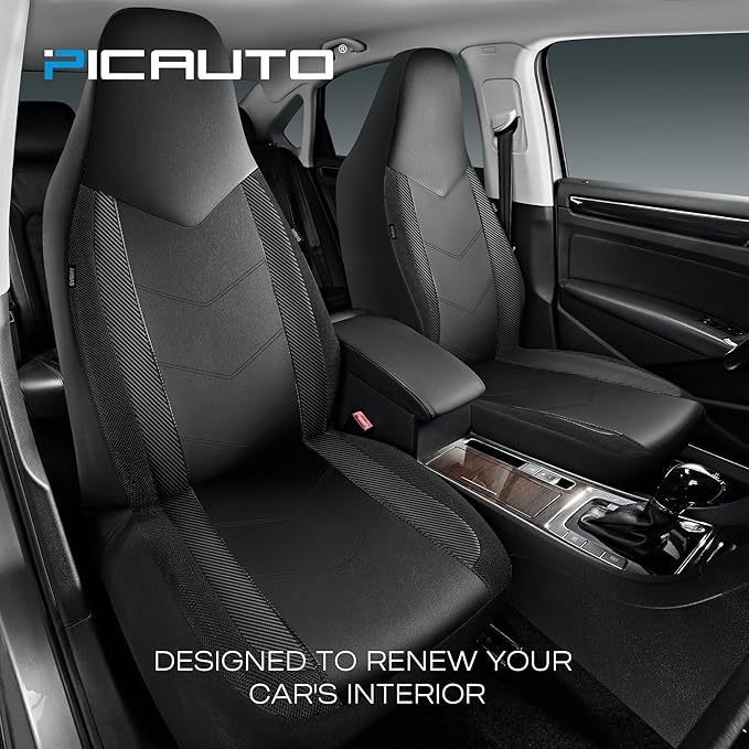 PIC AUTO Leather Car Seat Covers, Sports Carbon Fiber & Mesh Design, High-Back Two Front Set, Waterproof Automotive Seat Covers, Airbag Compatible, Universal Fit for Most Cars (Black & Black)