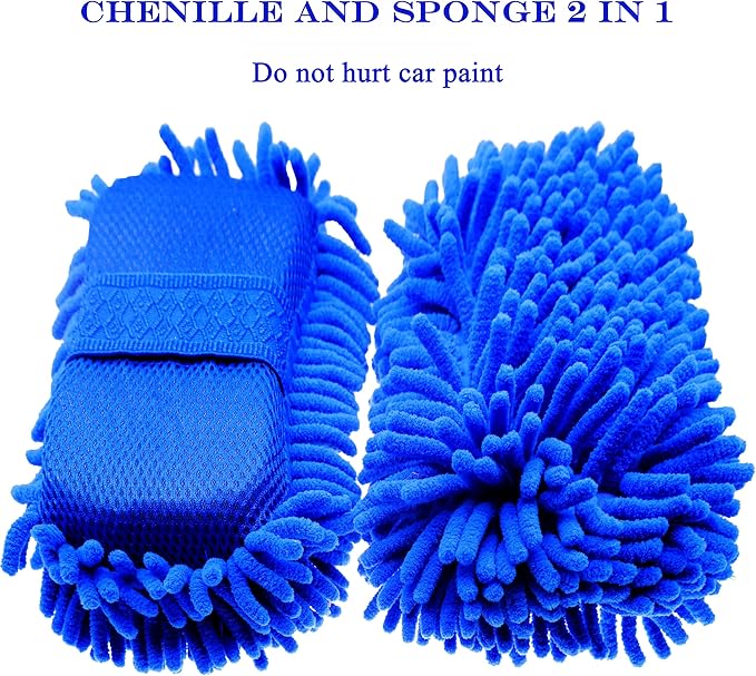 Microfiber Car Wash Sponge-Non-Scratch Wash Mitt-Two Sided Chenille Microfiber Washing Sponge-Mitt for Cars, Trucks, SUVs, Boats(2 Pack Blue)