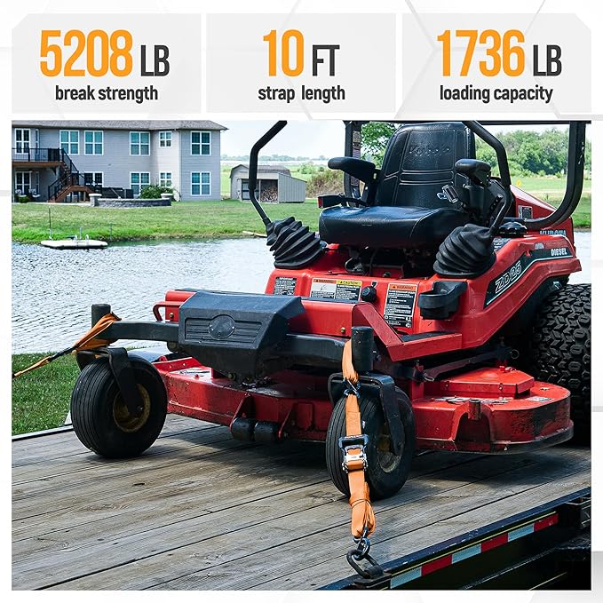 FORTEM Ratchet Tie Down Straps, 5208lb Break Strength, 4 Pack 10ft x 1.5in Heavy Duty Straps, 4 Soft Loops, Cam Buckles for Motorcycles, Safety Lock S Hooks, Carry Bag