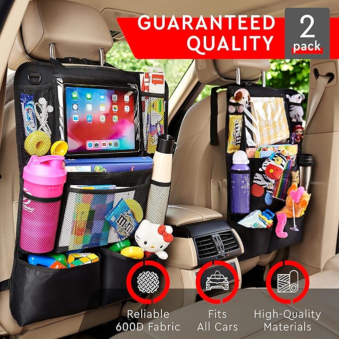Helteko Backseat Car Organizer, Kick Mats Back Seat Protector with Touch Screen Tablet Holder, Back Seat Organizer for Kids, Travel Accessories with 9 Storage Pockets 2 Pack, Black