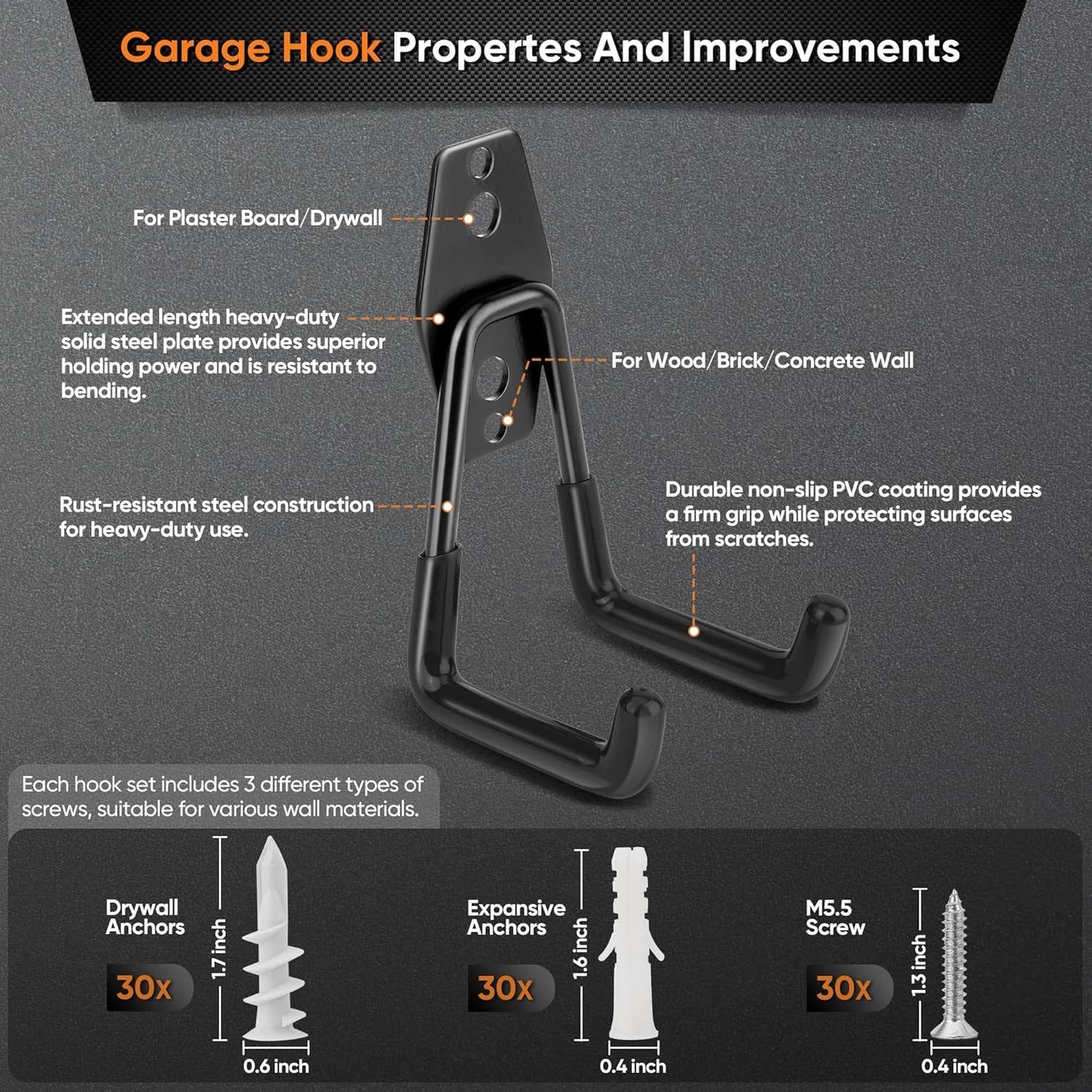 Nacial 16 Pack Garage Hooks Heavy Duty, Utility Steel Garage Storage Hook with 2 Storage Straps, Utility Garage Wall Mount Hooks for Hanging Bike, Ladder and Garden Tools, Perfect for Father Day Gifts