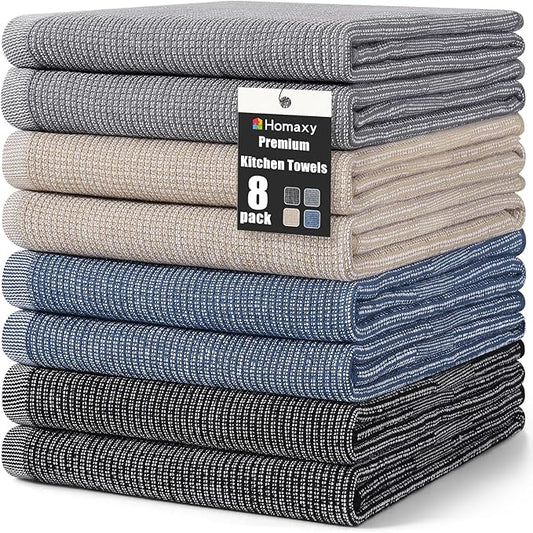 Homaxy Premium Kitchen Towels(18”x 28”, 8 Pack), Large Cotton Kitchen Hand Towels, Flat and Terry Dish Towels, 380 GSM Highly Absorbent Tea Towel Set with Hanging Loop, Mixed Color