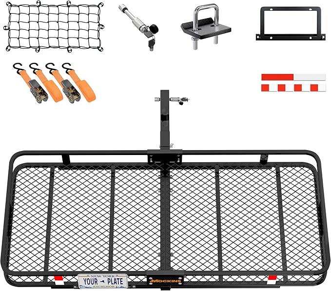 Mockins 60"x24"x6" XL Heavy Duty Trailer Hitch Cargo Carrier | 500 Lbs. Cap Luggage Rack for SUV Car Truck | Steel Hitch Rack Cargo Carrier Set w/License Plate Bracket, Straps, Stabilizer, Lock & Net
