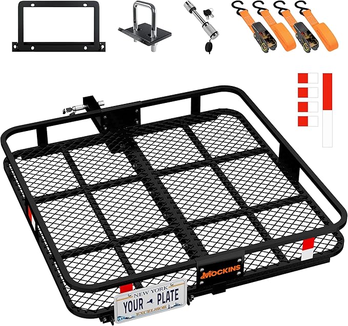 Mockins 40"x40"x6" Extra Deep Square Trailer Hitch Cargo Carrier w/Plate Bracket | 500 Lbs Cap Heavy Duty Cargo Hitch Carrier Rack for Furniture, Appliances & More | Car Trailer Basket w/Accessories