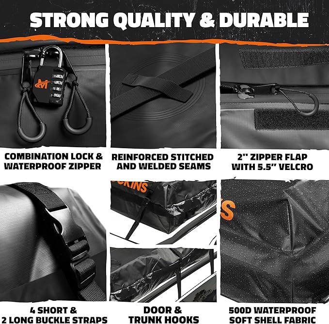 Mockins 35 Cu.Ft. Black Waterproof Rooftop Cargo Carrier Bag | 60"x42"x24" Car Roof Bag for Use with or w/o Roof Rack | Car Topper Luggage Carrier Waterproof Storage Set w/Mat, Straps, Hooks, & More