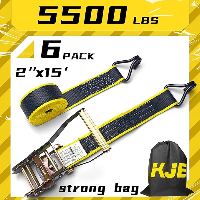 KJE Ratchet Straps Heavy Duty(6 Pack), 2" x 15' Black Ratchet Strap 5,500 Lbs Max Break Strength, Tie Down Ratcheting with J-Hook, Cargo Straps for Truck, Trailer, Moving Appliances