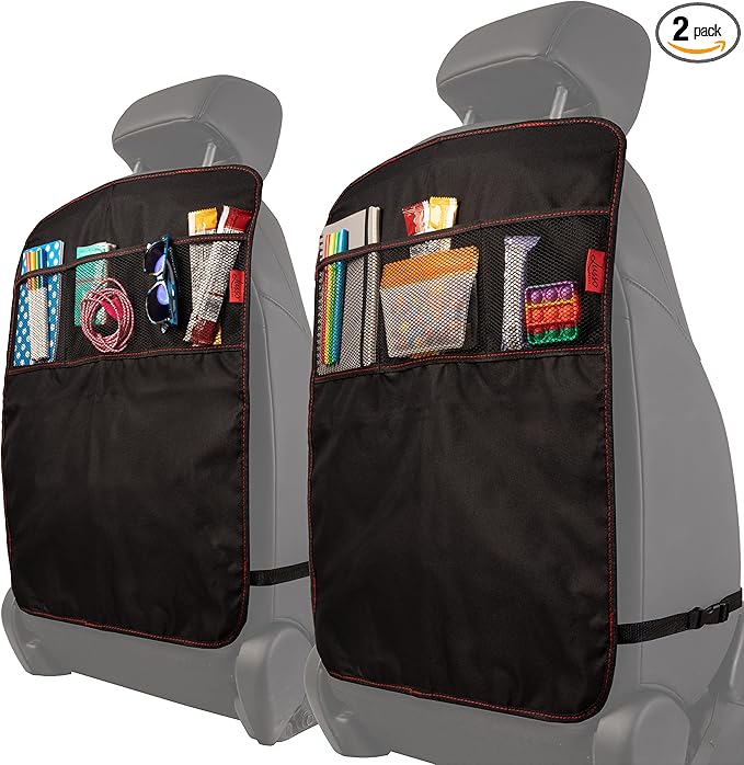 Lusso Gear Heavy Duty Kick Mats (2 Pk) - Back Seat Protector, Sag Proof, Waterproof, Car Back Seat Cover for Kids Who Make Big Messes, 3 Reinforced Storage Pockets, Premium Oxford Fabric (Red)