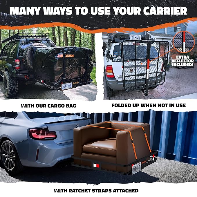 Mockins 40"x40"x6" Extra Deep Square Trailer Hitch Cargo Carrier w/Plate Bracket | 500 Lbs Cap Heavy Duty Cargo Hitch Carrier Rack for Furniture, Appliances & More | Car Trailer Basket w/Accessories