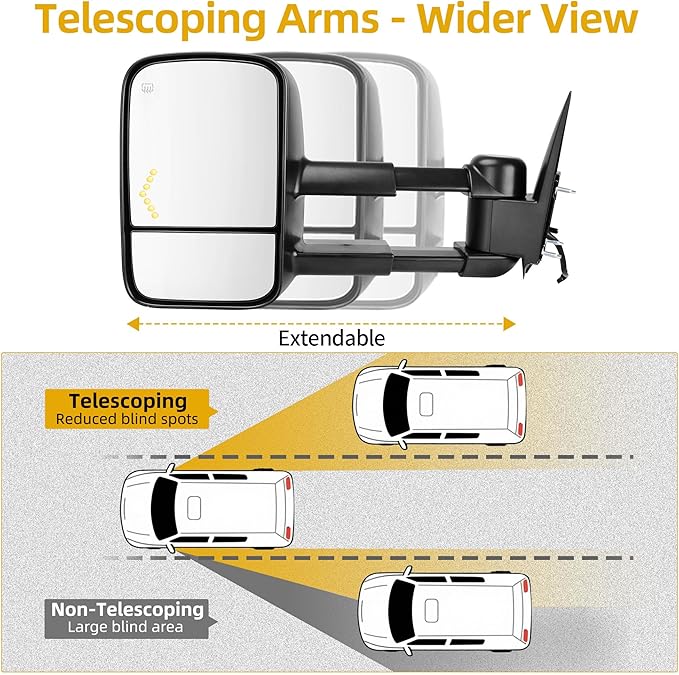 DWVO Power Heated Towing Mirrors for 2003–2007 Chevy Silverado, GMC Sierra Classic Models, Escalade, Tahoe, Suburban, Avalanche, Yukon XL, Denali with Telescoping Fold, LED Turn Signal, Black