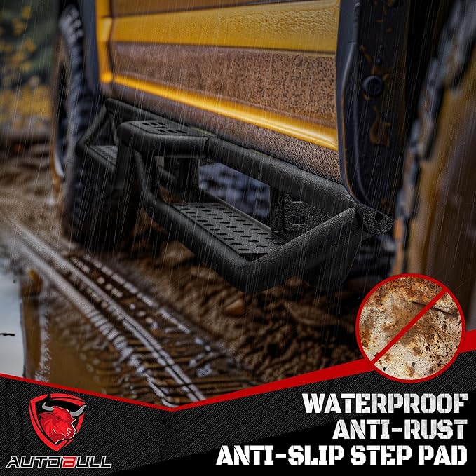 Running Boards Compatible with 2007-2021 Toyota Tundra Crewmax Cab 4 Full Size Doors, 6" 2-Stairs Side Step Rails Coated Black Carbon Steel Nerf Bars