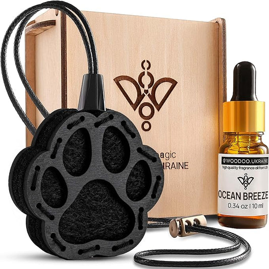 Wood Car Air Freshener — Handmade Car Air Freshener — Paw Designed Fragrance Oil Diffuser in Wooden Gift Box — Aromatherapy Gift Set with Ocean Breeze Fragrance Oil - 10 ml