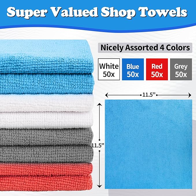 FIXSMITH Shop Towels, Microfiber Cleaning Cloth Bulk, 200 Pack Microfiber Towels for Cars, All-Purpose Absorbent Cleaning Rags, Dust Cloth for Automotive, Mechanic, Garage, Bar, 11.5 x 11.5 inch