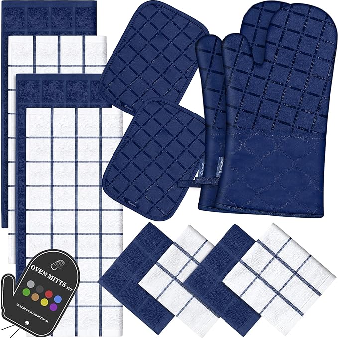 Oven Mitts Pot Holders Sets/Kitchen Towels and Dishcloths, Oven Gloves Kitchen Dish Towels 500 Degree Heat Resistant Potholders with Non-Slip Silicone Surface for Cooking, Grilling, Baking-Marine Blue