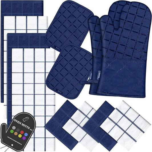 Oven Mitts Pot Holders Sets/Kitchen Towels and Dishcloths, Oven Gloves Kitchen Dish Towels 500 Degree Heat Resistant Potholders with Non-Slip Silicone Surface for Cooking, Grilling, Baking-Marine Blue