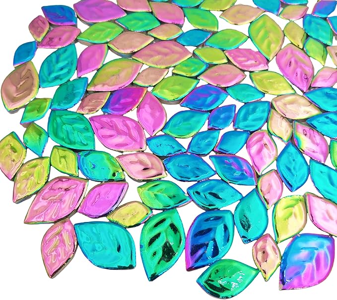 1.1LB Iridescent Leaves Ceramics Mosaic Tiles,Making Creative 3 Size Ceramic Mosaic Pieces for DIY Craft,Flowerpots,Vases,Cups,Garden Decor Mosaic Making Supplies (Mix Rainbow)