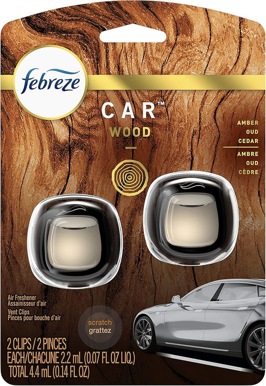 Febreze Car Air Fresheners, Wood Scent, Odor Eliminator Vent Clips (2 Count)