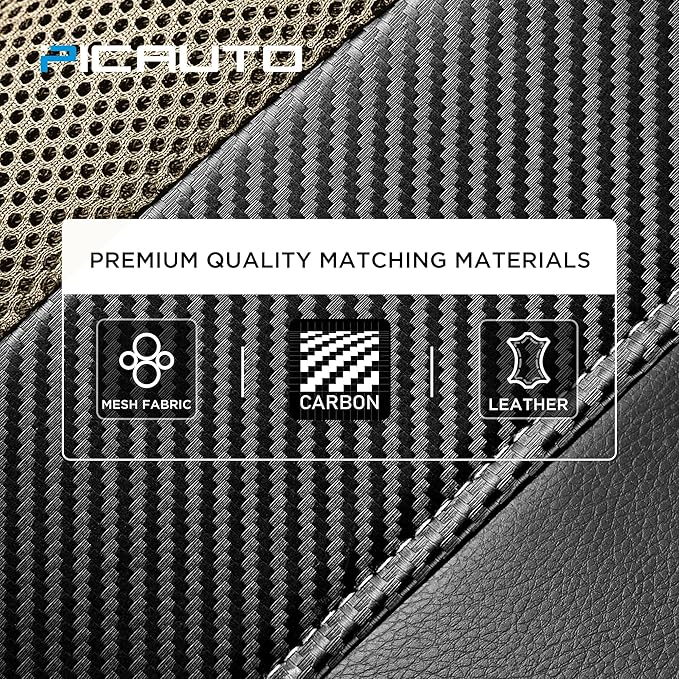 PIC AUTO Leather Car Seat Covers, Sports Carbon Fiber & Mesh Design, High-Back Two Front Set, Waterproof Automotive Seat Covers, Airbag Compatible, Universal Fit for Most Cars (Black & Beige)