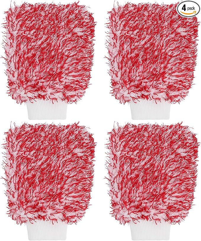 HARFINGTON 4pcs Chenille Microfiber Car Wash Mitts 9.1" x 6.7" Scratch Free Wash Gloves Absorbent Double Sided Plush Cleaning Drying Mitts for Car Washing Home, Red