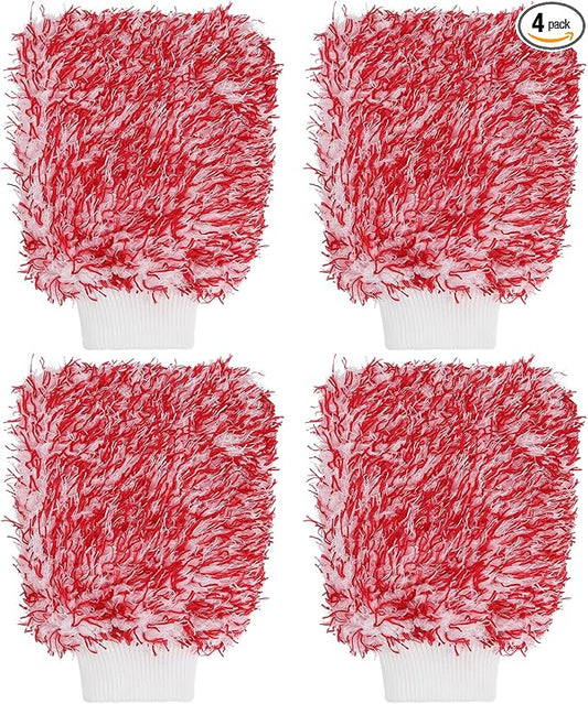 HARFINGTON 4pcs Chenille Microfiber Car Wash Mitts 9.1" x 6.7" Scratch Free Wash Gloves Absorbent Double Sided Plush Cleaning Drying Mitts for Car Washing Home, Red