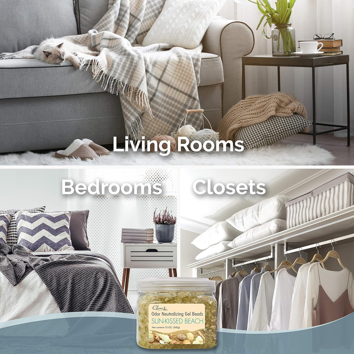 Clear Air Odor Eliminator Gel Beads - 12 oz, Pack of 2 - Air Freshener Made with Essential Oils - Eliminates Odors in Bathrooms, Cars, Boats, RVs & Pet Areas - Sun-Kissed Beach Scent