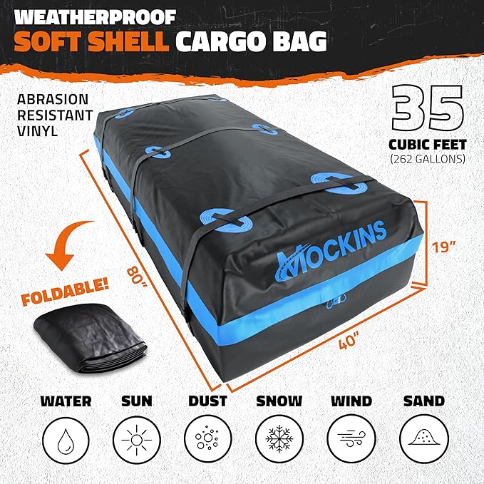 Mockins 35 CuFt XL Car Rooftop Cargo Carrier Bag | 80"x40"x19" Car Top Carrier Without Roof Rack | All Weather Soft-Shell Vinyl Waterproof Cargo Bag for Top of Car Storage w/Roof Bag Accessories