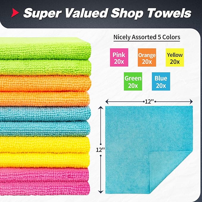FIXSMITH Microfiber Cleaning Cloth, 100 Pack Shop Towels, Micro Fiber Cloth for Cleaning Car, All-Purpose Absorbent Cleaning Rags for Housekeeping, Dust Cloth for Office, Car Wash Towels, 12inx12in