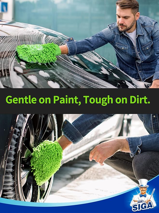MR.SIGA Premium Microfiber Soft Chenille Car Wash Mitt, Pack of 2, Gray & Green