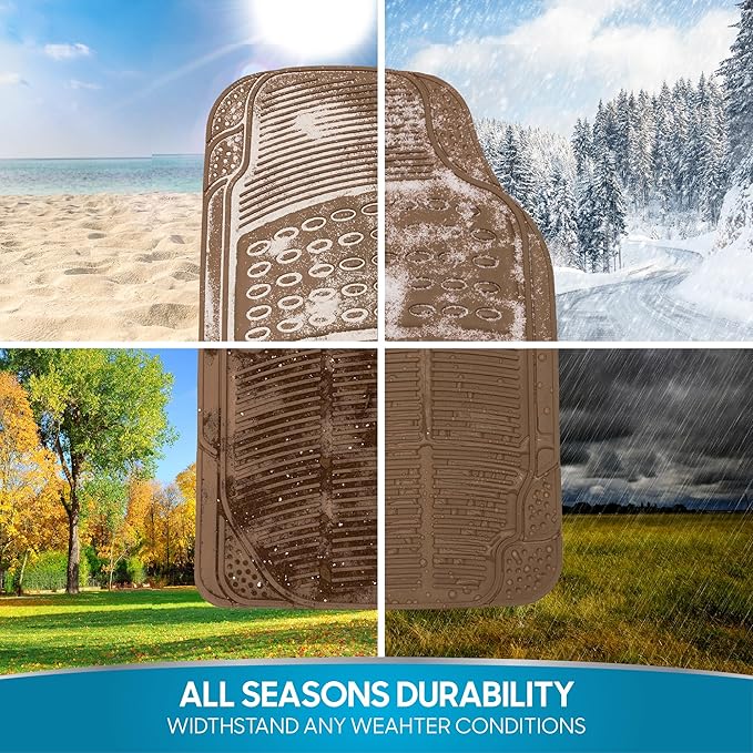 BDK ProLiner Floor Mats for Cars Trucks SUV, 3-Piece All-Weather Car Mats with Universal Fit Design, Durable Car Floor Mats with Capture Ridges, Waterproof Rubber Floor Mats for Cars (Beige)