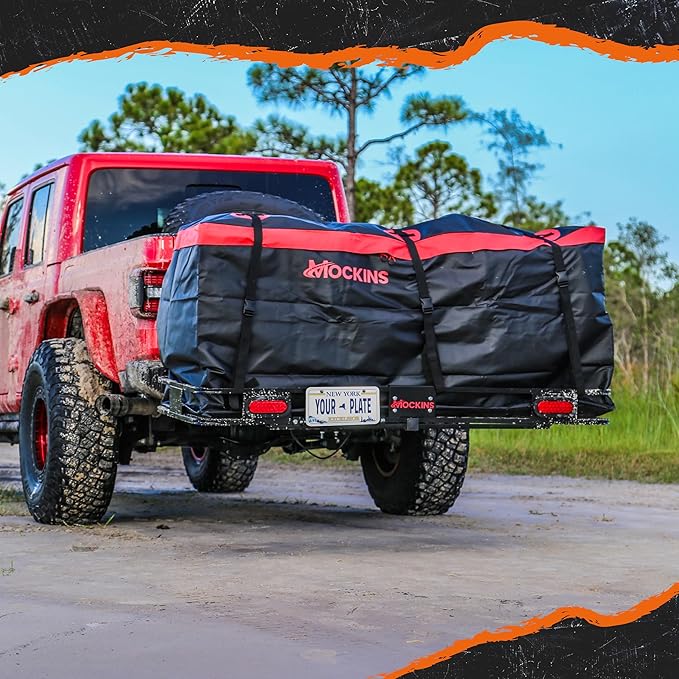 Mockins 60"x20"x6" Folding Trailer Hitch Cargo Carrier w/License Plate Holder, Rear Lights & More | 500Lbs. Cap Cargo Carrier Hitch Mount Basket | Weatherproof Luggage Rack for SUV, Car, Truck & RV