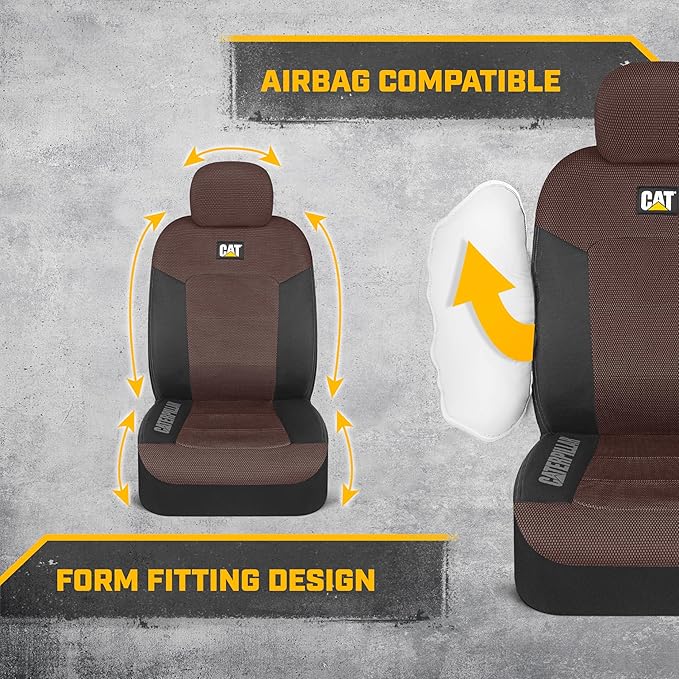 CAT Brown & Black Seat Covers for Cars, Trucks, & SUV - Set of (2) MeshFlex Car Seat Cover Front Seat Protectors - Airbag Compatible Seat Covers for SUV Interior Covers & Seat Cover Accessories