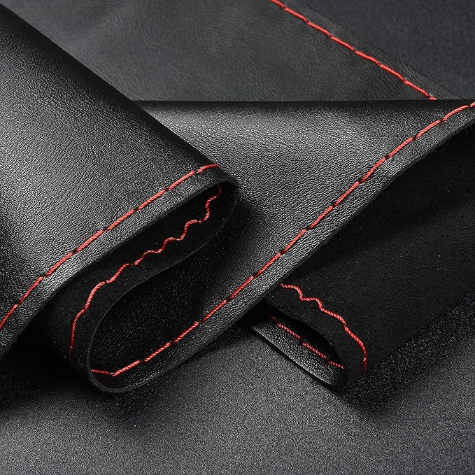 Steering Wheel Cover with Top Layer Genuine Leather and Anti-Slip Design, Soft Padding, Breathable, Universal 15 Inch Stitch on Wrap