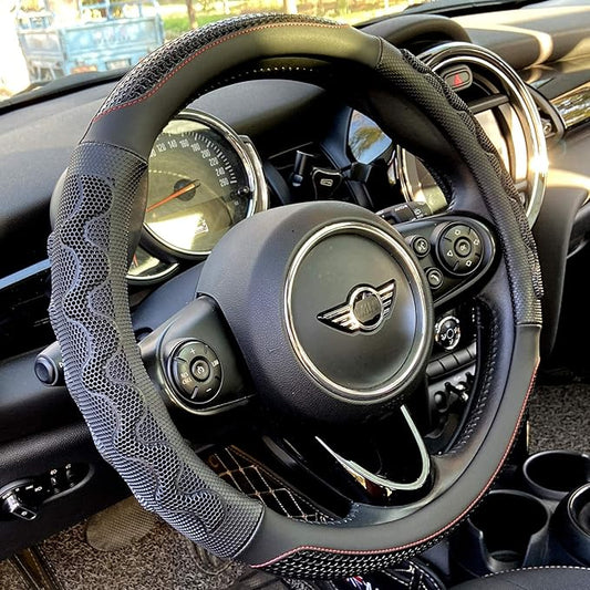 PINCTROT Small Size Steering Wheel Cover Great Grip with 3D Honeycomb Anti-Slip Design, 14 Inch (Black/Red Stitch)