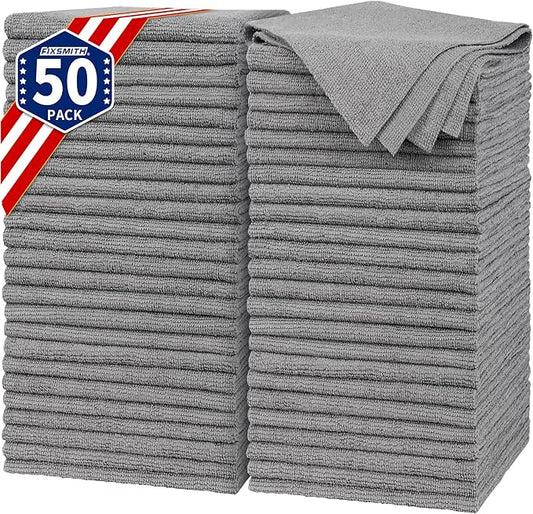 FIXSMITH Shop Towels, Pack of 50, Grey Microfiber Cleaning Cloth Bulk, Microfiber Towels for Cars, All-Purpose Absorbent Cleaning Rags, Dust Cloth for Automotive, Mechanic, Garage, 11.5 x 11.5 inch