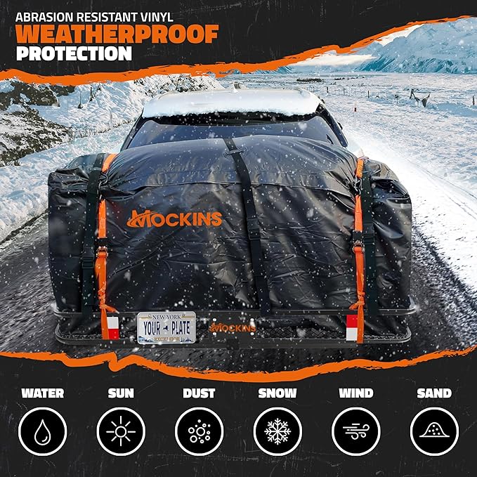 Mockins 60"x24"x6" Trailer Hitch Cargo Carrier & 25 CuFt Waterproof Cargo Bag | 500 Lbs. Capacity Folding Luggage Rack for SUV Car & Truck w/Built-in License Plate Bracket & Hitch Rack Accessories