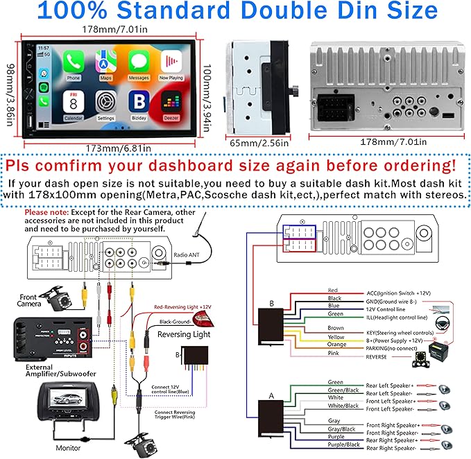 Double Din Car Stereo with Wireless Carplay,Wireless Android Auto,7 inch Touch Screen Radio with Backup Camera,Bluetooth Car Audio Receiver,Mirror Link,SWC,FM/USB/AUX/Subwoofer