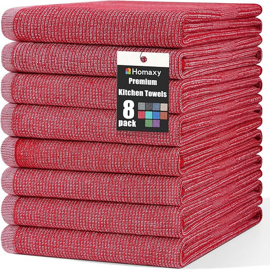 Homaxy Premium Kitchen Towels(18”x 28”, 8 Pack), Large Cotton Kitchen Hand Towels, Flat and Terry Dish Towels, 380 GSM Highly Absorbent Tea Towel Set with Hanging Loop, Red