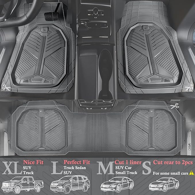 CAR PASS Heavy Duty Rubber Car Mats, Deepdish All Weather Floor Mats for Car Full Set, Universal Automotive Mats Trim to Fit for Sedans SUVs Trucks, Waterproof Anti-Slip Deep Tray 3 Pieces Dark Gray