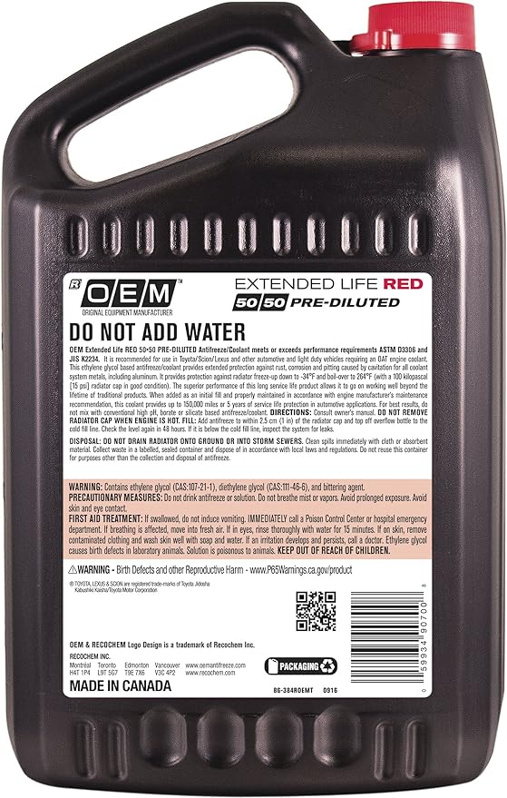 OEM Recochem Asian Vehicles Premium Antifreeze 50/50 Extended Life Coolant RED, 1 Gallon, 4 Pack